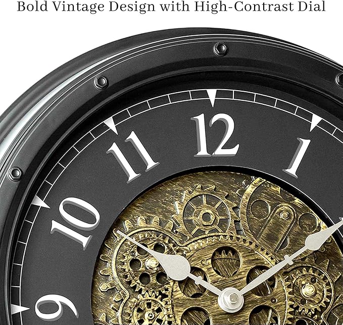 Wall Clock with Moving Gears, Vintage Industrial 16-Inch Silent Non-Ticking Steampunk Timepiece, Retro Frame Analog Battery Operated Rustic Mechanical Decor for Living Room, Home, Office, Loft (Black)