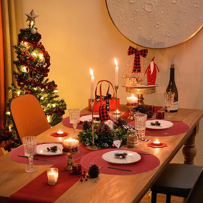 FunWheat Round Placemats Set of 6 Table Mats for Dining Tables Washable Non-Slip Place mats 15 Inch for Christmas(Red Shine)