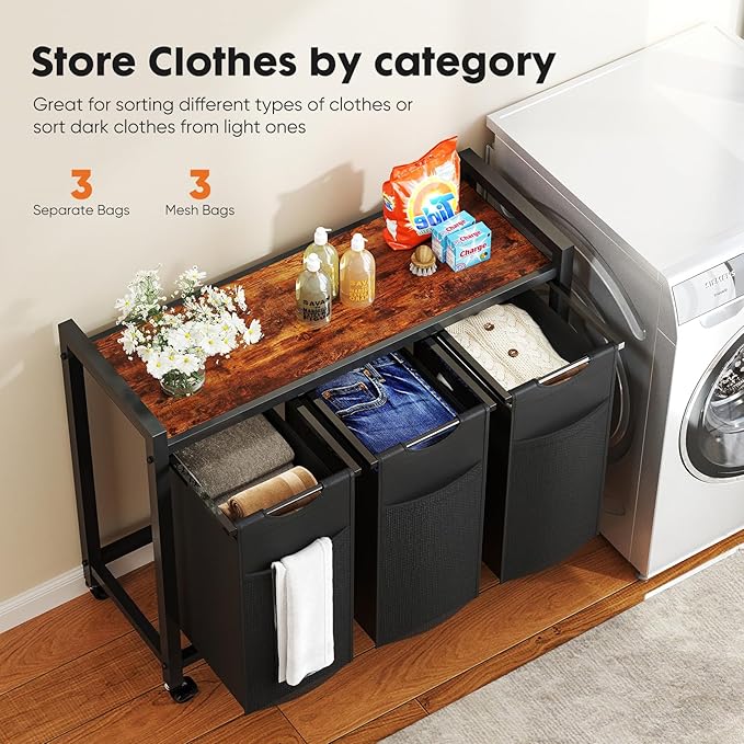 Sweetcrispy Laundry Hamper with 3 Pull-Out Removable Sorter Bags 3 × 9.7 Gal (110L) Capacity, Movable Wheels, Freestanding Clothes Basket Organizer in Bathroom, Rustic Brown and Black