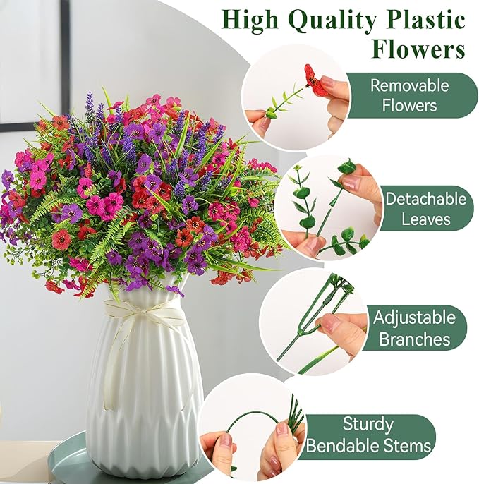 48 Bundles Artificial Flowers for Outdoors Spring Summer Decoration, UV Resistant Eucalyptus Violet and Lavender Silk Fake Plants for Outside Indoor Yard Home Patio Decor, Red Rose Purple