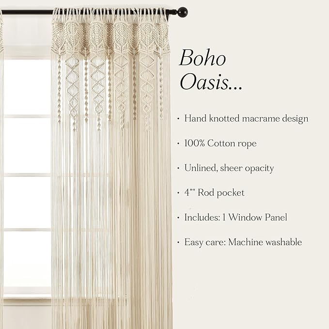 Lush Decor Boho Macrame Textured Cotton Window Curtain Panel, Single Panel, 40" W x 63" L, Neutral - Doorway Room Divider - Wedding Or Wall Decor - Boho Macrame Curtain