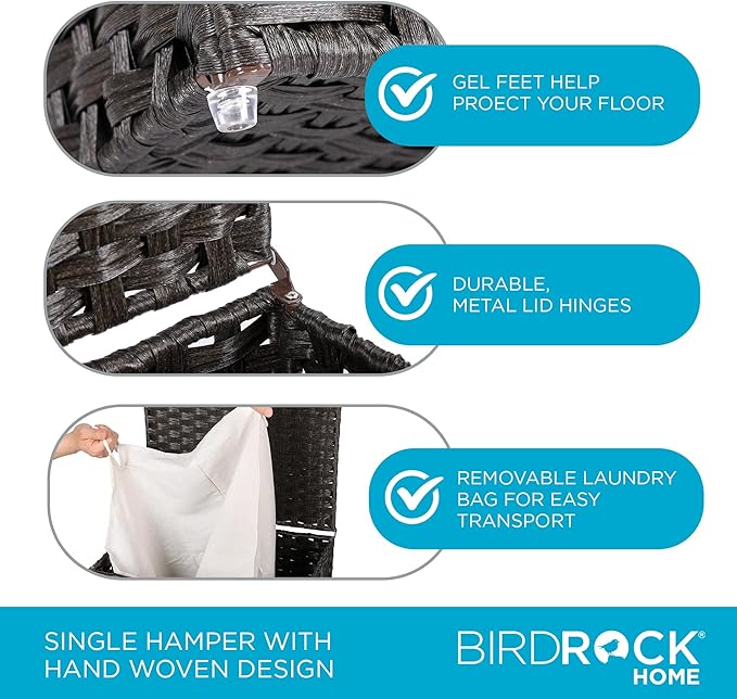 BIRDROCK HOME Laundry Hamper with Lid - Hand Woven PE Rattan Clothes Basket with Removable Liner Bag - Small Collapsible & Foldable Laundry Bin Organizer Storage for Bathroom, Bedroom - Single, Brown