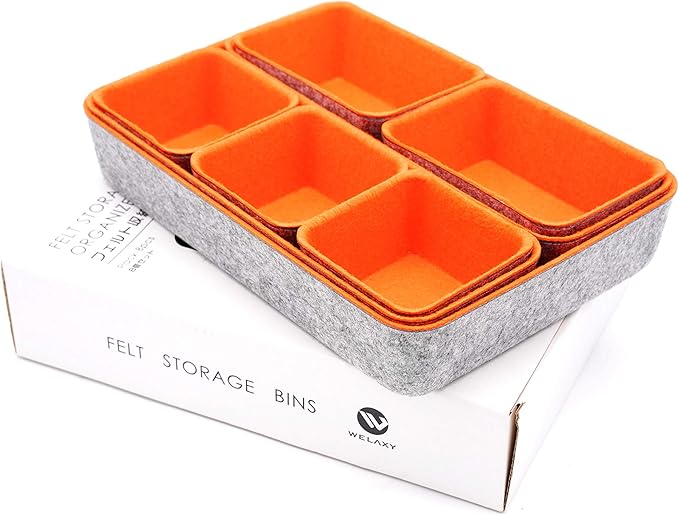 Welaxy desk drawer organizers bin trays dividers small shallow felt storage box soft sturdy office suppliers closet cabinet makeup crafts pens 8-piece back to school (Orange)