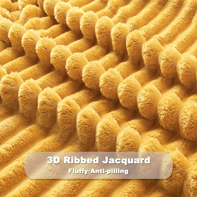 NEWCOSPLAY Super Soft Twin Blanket Mustard Yellow Premium Silky Flannel Fleece 3D Ribbed Jacquard Lightweight Bed Blanket All Season Use (Mustard Yellow Ribbed, Twin(60"x80"))