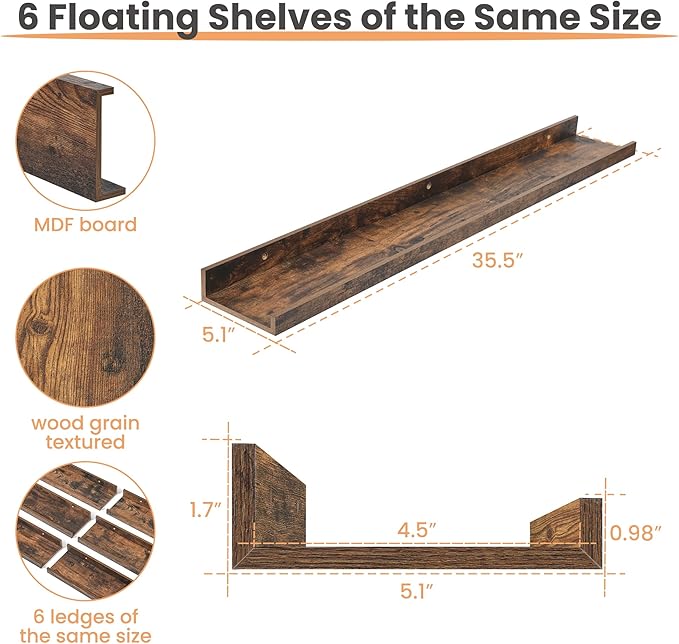 upsimples Floating Shelves for Wall, Wall Shelves for Decor Storage Set of 6, Wall Mounted Wood Shelves for Bedroom, Living Room, Bathroom, Kitchen, 35.5 inch Long Picture Ledge Shelves, Brown