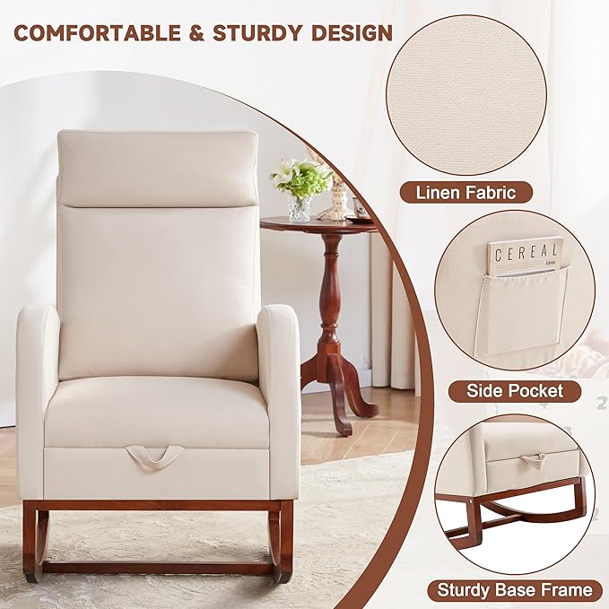 Rocking Chair Nursery Chair with Foot Rest, Nursery Rocking Chairs with High Back, Glider Rocking Chair with Pocket, Baby Nursery Glider Rocker, Nursing Chair Accent Living Room (Linen Beige)