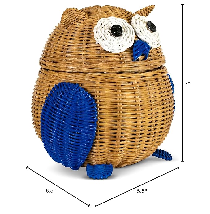 Owl Rattan Storage Basket With Lid Decorative Home Decor Hand Woven Shelf Organizer Cute Handmade Handcrafted Gift Art Decoration Artwork Wicker Hoot Owl (Small, Brown)