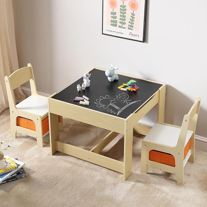 VEVOR Kids Table and Chair Set, 3 in 1 Wooden Activity Table with Storage Space and Boxes, Detachable Tabletop Kids Play Table for Toddlers Art, Craft, Reading, Learning
