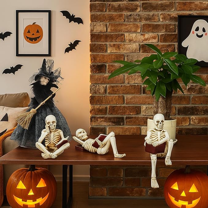 3 Psc Reading Skeleton Statue Gothic Horror Decor for Bookshelf and Desk Resin Figurine Halloween Decoration