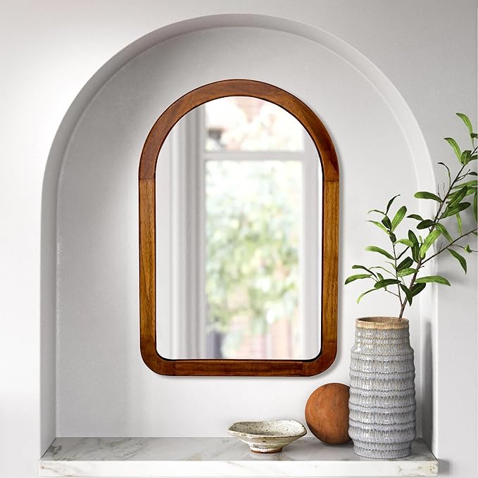 Arched Mirror 22 x 30 Inch,Brown Wood Rustic Bathroom Tempered Wall Mirror with Wood Frame,Round Corner Arch Farmhouse Wooden Vanity Mirror for Living Room,Entryway or Bedroom(Walnut Brown)