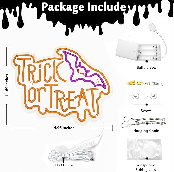 Halloween Neon Sign, Halloween Trick or Treat Neon Light Battery or Usb Powered for Wall Decor, Adjustable Brightness Halloween Neon Light(14.9 x 11.6 inches)