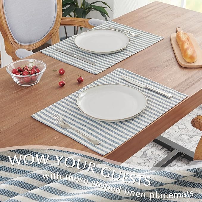 JINCHAN Linen Striped Placemats Set of 4 Farmhouse Cloth Place Mats Durable Table Mats Soft Washable Placemats for Kitchen Dining Table Double Layer Heat Resistant Tablemats 13x19 Inch Blue