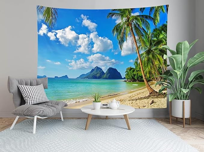 Loccor Ocean Beach Tapestry 118Wx78H Inch Tropical Seaside Island Palm Tree Waves Wall Tapestry Summer Hawaii Paradise Landscape Wall Hanging Hippie Bohemian Wall Art Living Room Bedroom Home Decor