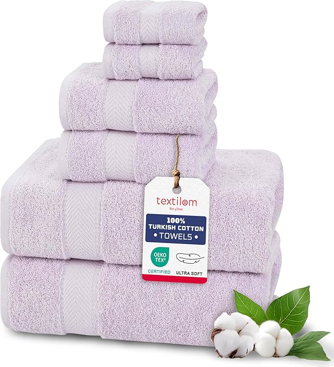 TEXTILOM 6 Pcs Bath Towel Set – Hotel and Spa Quality & Soft & Absorbent & Quick Dry Bath Towels for Bathroom –100% Turkish Cotton Bathroom Towels Set (2 Bath Towels,2 Hand Towels,2 Washcloths)-Lilac