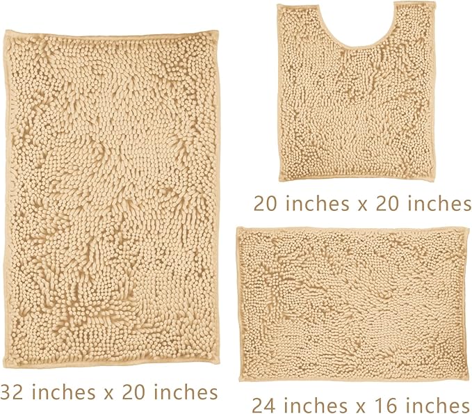Bathroom Rugs Sets 3 Piece Washable, Luxury ,Chenille Bath Mat Set, Soft Plush Anti-Slip Rectangular Bath, Rug Super Absorbent.3 Pieces Bathroom (Camel, 32"x20"+24"x16"+U Shape 20"x20")