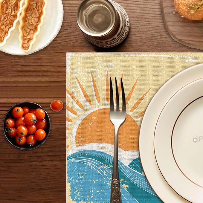 Japanese Style Waves Placemats Set of 6,Washable Heat Resistant 12×18 Inch Linen Table Mats Vintage Landscape Place Mats for Party Outdoor Dining Décor