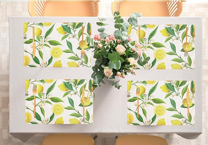 Lemon Table Placemats Set of 4 Place Mats Linen Washable Wipeable Placemats Heat Resistant Placemats Fabric Waterproof Rectangle Table Mat for Kitchen Dining Dinner 18 X 12 Inch, Lemon