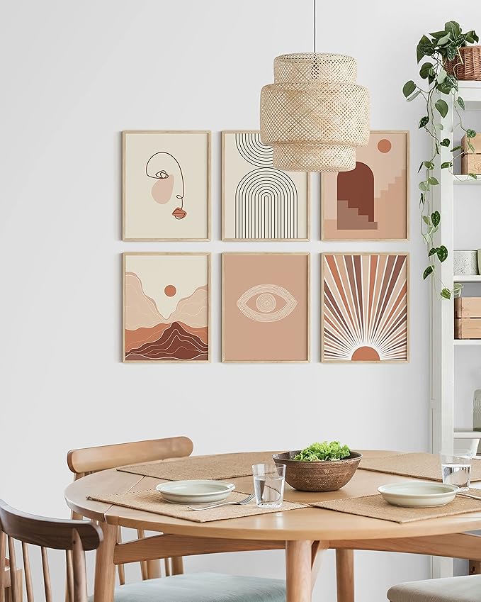 HAUS AND HUES Boho Prints for Wall Decor - Set of 6 Geometric Posters and Bohemian Art Prints Mid Century Wall Art | Aesthetic Bohemian Wall Decor (Beige Frame) (11x14)