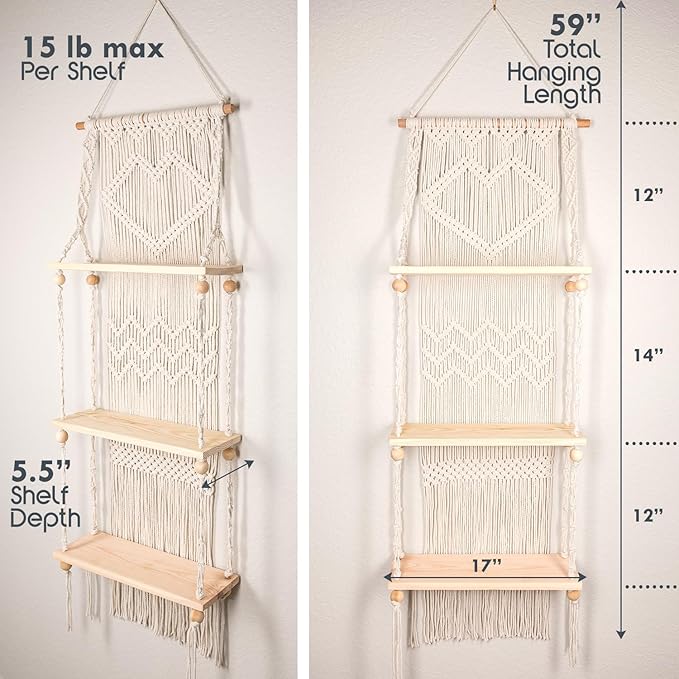 SnugLife Macrame Wall Hanging Shelf - 3 Tier Wall Plant Hanger Shelves with Handmade Woven Rope - Boho Shelves Organizer for Kitchen, Bathroom, Home Storage, Floating Plant Shelf (Pine Wood)