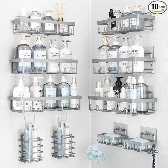 10 Pack Shower Caddy Organizer Rack Shelf for Inside Shower, Self Adhesive Wall Storage Basket Rustproof Stainless Steel Shampoo Holder Bathroom Accessory Decor Set, Grey