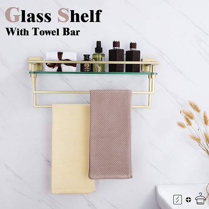 Bathroom Glass Shelf with Towel Bars 20-Inch Floating Tempered Glass Shelves with 2 Towel Rails Brushed Gold Cologne Shelf for Men Shower Bath Storage Glass Rack Wall Mount Heavy Duty,A7617BG
