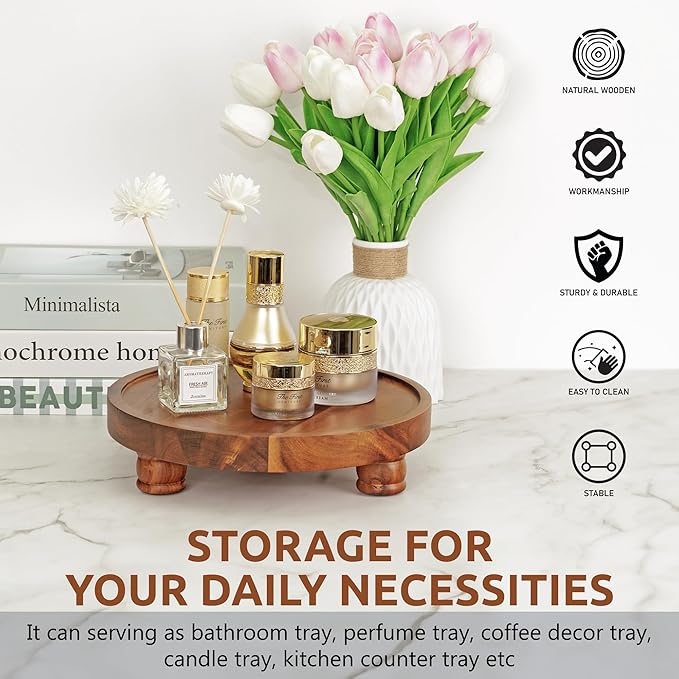 Demigo 10" Acacia Wood Round Tray - Decorative Plant Stand, Farmhouse Countertop Organizer, Multi-Purpose Display Pedestal, Riser Board for Soap, Perfume, Candles, Sponge, Bathroom, Kitchen