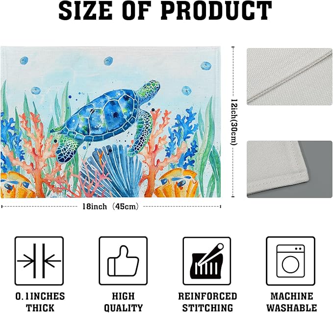 Giwawa Sea Turtle Placemats Set of 4, Watercolor Blue Tortoise Place Mat 12x18 Inch, Ocean Nautical Coral Coastal Marine Table Mats Heat Resistance for Kitchen Dining Party Picnic Decor