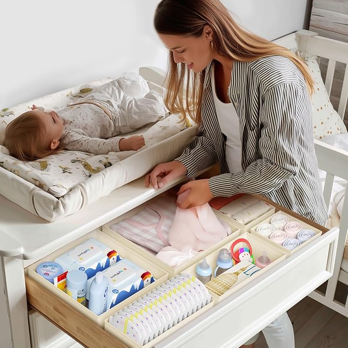 DIMJ Drawer Organizer Clothes 24 Pack - Foldable Baby Organizers and Storage & Dresser Organizer for Bedroom, Closet - Nursery Organization Dresser Dividers for underwear, Sock,Bra, Belt, Tie, Beige