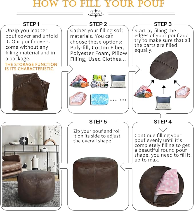 Thgonwid Unstuffed Faux Leather Pouf Cover, Handmade Footstool Ottoman Storage Solution, Floor Footrest Cushion - 16.5”Dx12”H, Matte Coffee