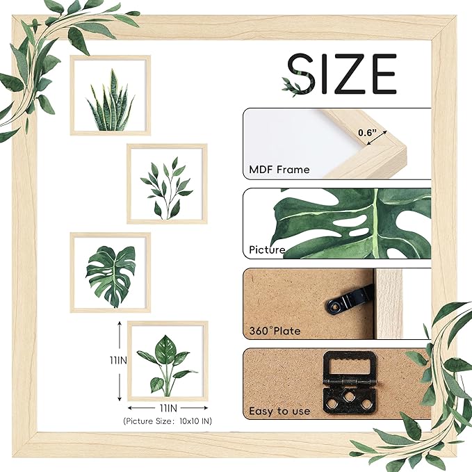 ArtbyHannah Framed Bathroom Wall Decor, 10x10 Inch Botanical Wall Art with Sage Green Plant Print for Wall Decoration, Minimalist Restroom Decor (Natural)