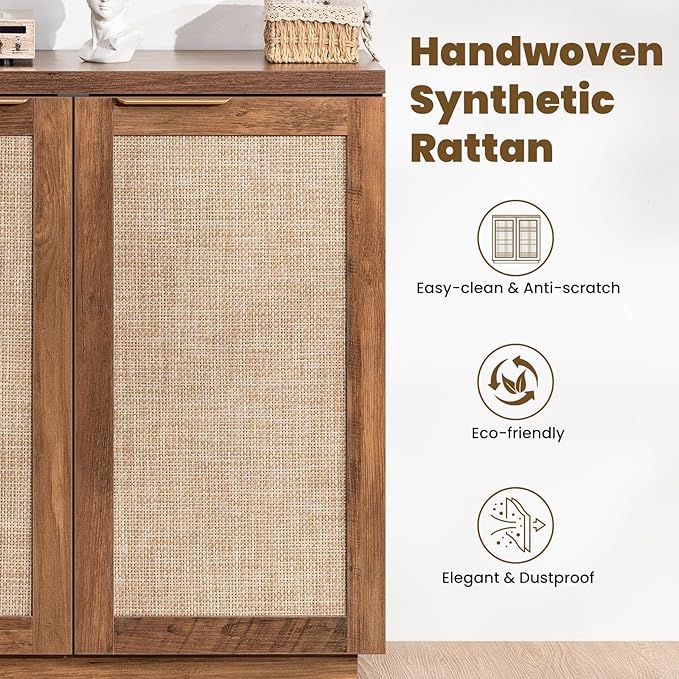HOMMPA Rattan Sideboard Buffet Kitchen Storage Cabinet with Doors Boho Large Wood Cabinet with Adjustable Shelves for Dining Room Kitchen Living Room Hallway Entry Natural Brown