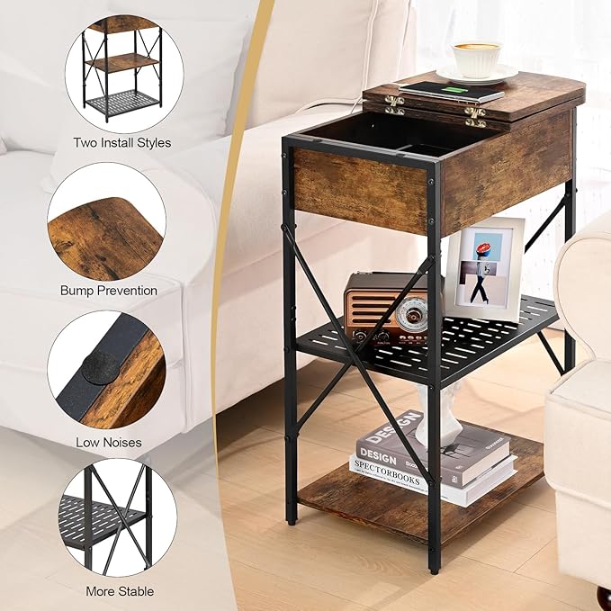 Narrow End Table with Charging Station, Side Table with 3 USB Ports and 2 AC Outlets, Flip Top End Table with Storage, Nightstand with Drawer, Side Tables Living Room, Bedroom, Brown