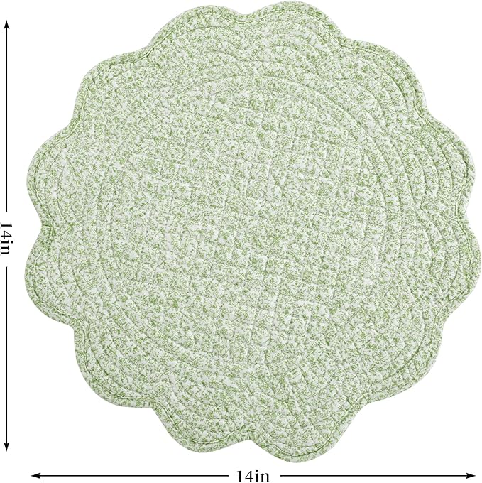 HOMBYS Quilted Placemats Set of 6 Washable Round Placemats for Kitchen Table-100% Cotton Fabric 13 Inch Round Table Mats, Cotton Fabric with Microfiber Filling, (13"x13", White & Green Flower)