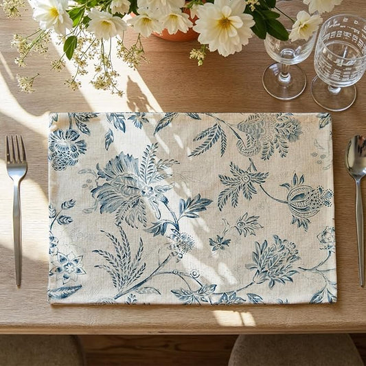 JINCHAN Linen Floral Fall Placemats Set of 4 Cloth Table Mats Rustic Cottagecore Jacobean Outdoor Seasonal for Kitchen Dining Table Decor Non-Slip Washable Tablemats 13x19 Inch Blue