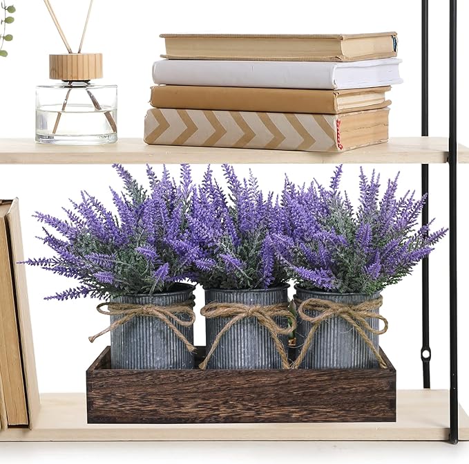 Set of 3 Small Potted Plants Arrangement Artificial Lavender Flower Plants in Rustic Galvanized Metal Pots with Decorative Wood Tray for Farmhouse Table Centerpiece Windowsill Country Indoor Decor