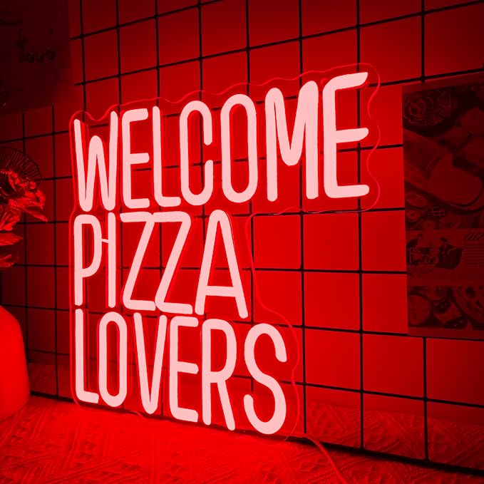 Welcome Pizza Lovers Neon Light, Red Dimmable LED Personalized Pizza Lovers Neon Sign, Family Restaurant Entertainment Room Food Theme Party Wall Neon Sign Decoration, Ideal Holiday Gift For Pizza Lovers, Children, Family (12.9*12.5in)