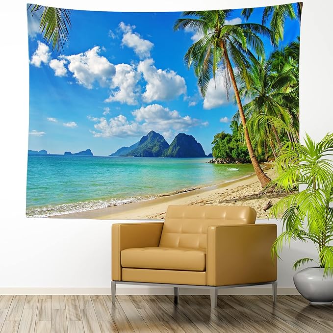Loccor Ocean Beach Tapestry Tropical Seaside Island Palm Trees Waves Wall Tapestry Summer Hawaii Paradise Landscape Wall Hanging Hippie Bohemian Wall Art for Living Room Bedroom Home Decor(60x40 Inch)