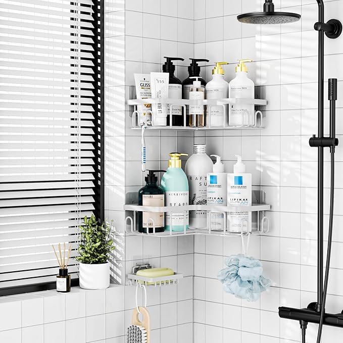 Moforoco Corner Shower Caddy, 3 Pack Organizer with Soap Holder and 12 Hooks, Adhesive Shelves Rustproof for Bathroom, Storage Basket with Accessories (White)