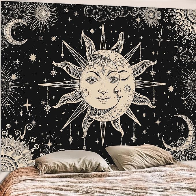 Lunerfex Sun and Moon Tapestry Mandala Wall Tapestry, Vintage Tapestries for Bedroom Ceiling Tapestries Wall Hanging for Bedroom Living Room Wall Decor Sun-2 70"x90"