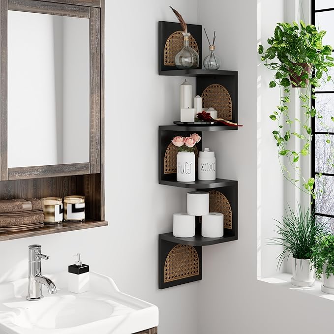 4-Tier Corner Shelves - Zig Zag Rattan Wall Shelf, Black Corner Shelf Wall Mounted, Floating Shelves for Bedroom, Bathroom & Living Room