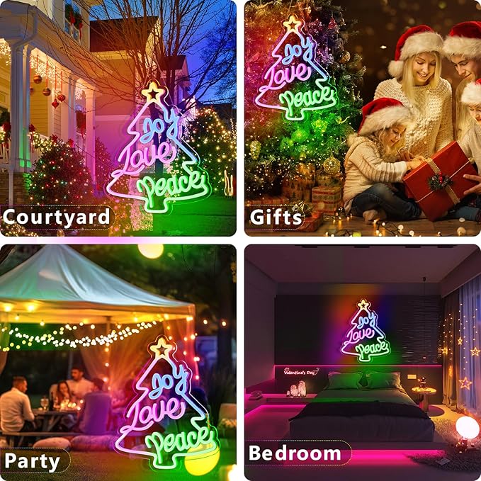 KHK JOY LOVE PEACE Neon Sign CHRISTMAS TREES Led Neon Pink Lights for Bedroom Led Sign USB Powered for Wall Decor Dimmable for Christmas Thanksgiving Birthday Party Girls Gifts