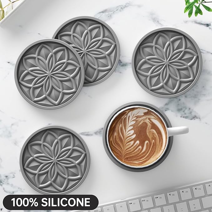 HFHOME Silicone Coasters Set, 4 Pcs Drink Coasters for Coffee Table, Bar Tabletop Protection - Dark Gray