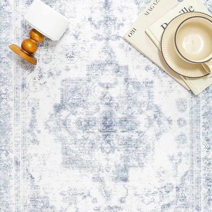 Washable Rug 9x12 Area Rug for Living Room Blue Vintage Boho Medallion Large Distressed Retro Carpet Non Slip Indoor Low Pile Small Soft Bedroom Dining Room Home Office