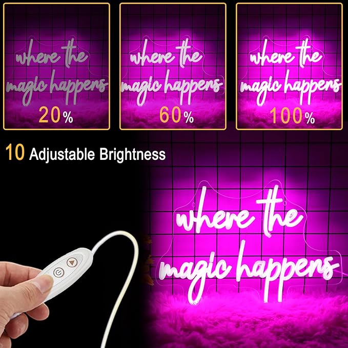 Where The Magic Happens Neon Sign Led Pink Light Up Signs for Wall Decor Usb Powered Letter Neon Light Signs for Bedroom Wedding Decor Birthday Party Shop Man Cave 16 x 11''(Pink)
