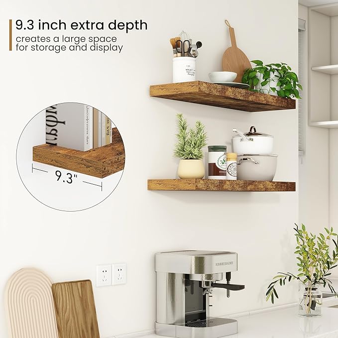 32Inch Floating Shelves, 9.3Inch Deep Rustic Wall Shelves - Extra Deeper & Thicker Wall Mounted Storage Shelf for Kitchen, Farmhouse - Set of 2 - Rustic Brown