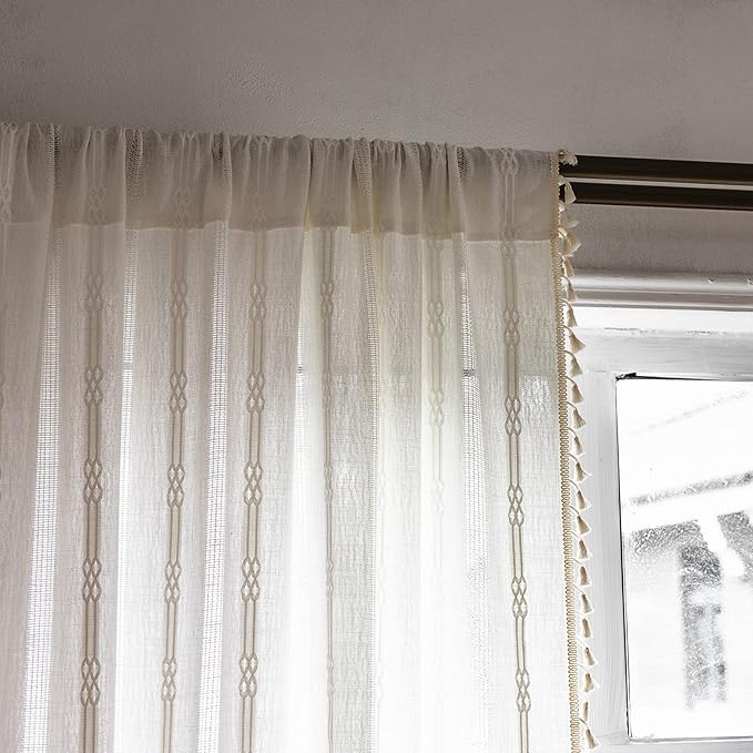Sutuo Home Boho Curtain for Bedroom 84 Inch Length, Light Filtering Country Farmhouse Vintage Shabby Chic Tassels Window Treatment Hollow Stripes Bohemian Embroidery Drape 1 Panel 52"W x 84"L, White
