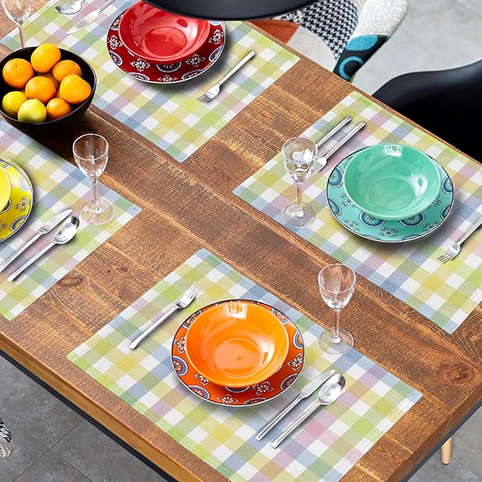 Spring Easter Placemats Set of 4 Linen Colorful Plaid Pink Green Place Mat Washable Non-Slip Heat Resistant 12×18 Inch Thick Place Mats Decorative Fabric Table Mat for Dining Table