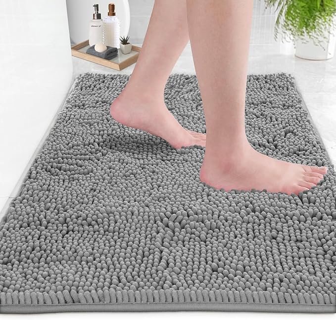 LuxUrux 2 Piece Bathroom Rug Set - Premium Plush Bath Mat Shower Rugs, 1" Chenille Microfiber, Non-Slip & Absorbent, Soft & Cozy, Durable Stylish (20x30 & 16x24 inches, Light Grey)