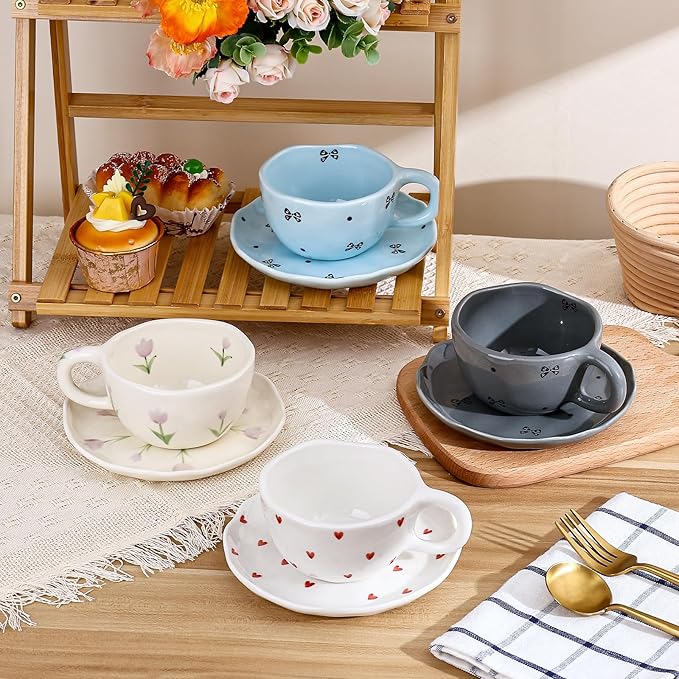 Koythin Ceramic Coffee Mug with Saucers, Handmade Flowers Mugs, Cute Cup for Girl Women, Aesthetic Tea Milk Cup with Handle, 8.5 oz/250 ml for Latte, Cocoa, Office, Home (Purple Tulip)