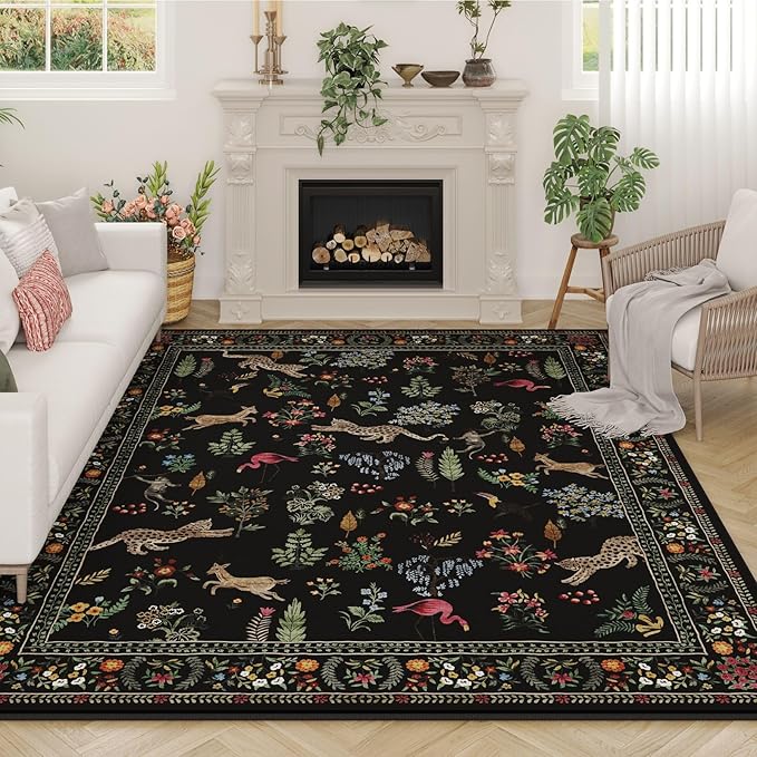 Living Room Rug 6x9 Rug Machine Washable Boho Area Rug Non Slip Floral Animal Vintage Low Pile Large Rug for Living Room, Bedroom, Farmhouse, Dining Room, Kids Playroom (Black)